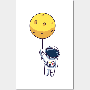 Astronaut Floating With Moon Balloon Posters and Art